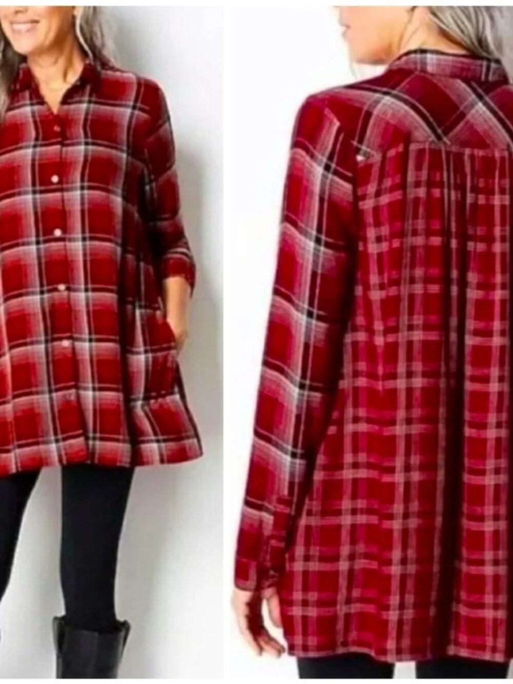 J. Jill Mixed Plaid Long Sleeve Button Up Tunic W/Pockets LT